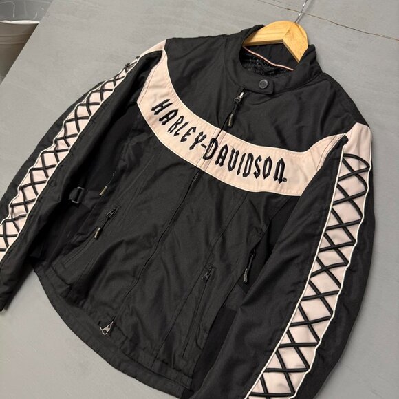 Harley Davidson Y2K Multi Pocket Pink and Black Zip Up Riding Jacket Women’s Lar - Picture 3 of 7